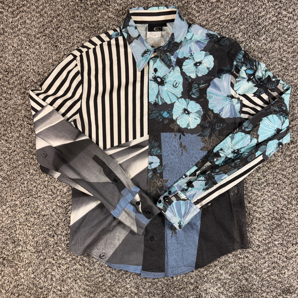 Just Cavalli AW2004 Large Floral Stripe Patchwork Button Down Shirt Blue Black